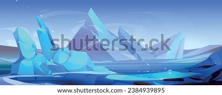 Antarctica landscape with ice mountains and falling snow. Cartoon vector polar scenery with iceberg and glacier rocks floating in sea or ocean. Northern winter scene with snowy frozen icy peaks Royalty-Free Stock Photo #2384939895
