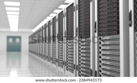 Shot of Data Center With Multiple Rows of Fully Operational Server Racks. Modern Telecommunications, Artificial Intelligence, Supercomputer Technology Concept. Shot in Dark Royalty-Free Stock Photo #2384943173