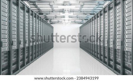 Shot of Data Center With Multiple Rows of Fully Operational Server Racks. Modern Telecommunications, Artificial Intelligence, Supercomputer Technology Concept. Shot in Dark Royalty-Free Stock Photo #2384943199