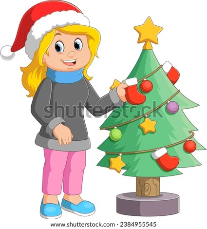 Cartoon girl decorating a Christmas tree with balls of illustration