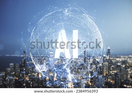 Creative artificial Intelligence symbol hologram on Chicago cityscape background. Double exposure