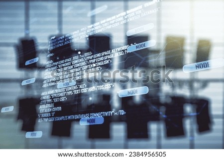 Multi exposure of abstract creative coding sketch on a modern conference room background, artificial intelligence and neural networks concept