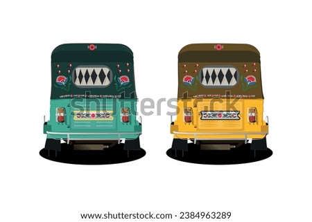 Set of yellow and Green auto-rickshaw illustrations in India. with rickshaw paint on it. front view of tuk-tuk. Royalty-Free Stock Photo #2384963289