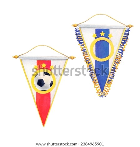 Watercolor drawing of red and blue football pennants with ball black and white and yellow stars. Red, blue and white lines of streamer painted on white background. For logo banners icon cards leaflet 