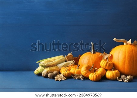 Thanksgiving day. Composition with pumpkins, leaves, walnuts and corn cobs on blue wooden table, space for text