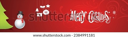 Christmas banner with decorated snowman and gifts on a red background. snowman wearing a hat. Merry Christmas text. For New Year and winter holiday cards, headers, gift certificates