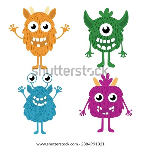 Set of cute fluffy monsters in cartoon style. Vector illustration of different funny colored monsters with teeth, horns, two-eyed and one-eyed isolated on white background. Monsters for Halloween. Royalty-Free Stock Photo #2384991321
