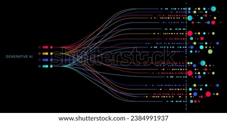 Illustration of abstract stream information with cyan, blue, red and orange line and dot. Big data, technology, AI, data transfer, data flow, generative ai, large language model background Royalty-Free Stock Photo #2384991937