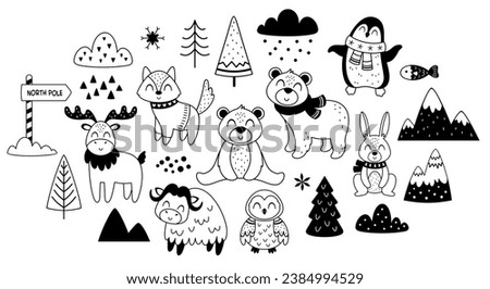 Black and white arctic animals clipart in cartoon flat style. Polar animals vector illustration. Winter clip art
