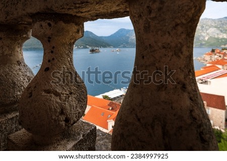 Perast, Montenegro houses of the ancient town, high angle view from the church bell tower