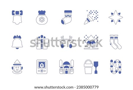 Christmas icon set. Duotone style line stroke and bold. Vector illustration. Containing bell, christmas bag, christmas stocking, confetti, christmas bell, gift, earmuffs, pine, dwarf, mp, mosque.