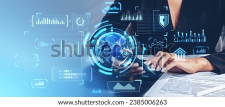 Woman working with phone in hands, double exposure earth globe with forex statistics, financial analysis and graph chart. Concept of online banking, consulting and investment