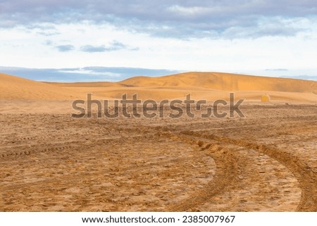 Undulating dunes creating an otherworldly landscape . Tracks imprinted by the passage of transport vehicles or machines at desert landscape Royalty-Free Stock Photo #2385007967