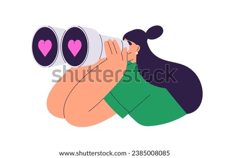 Searching, looking for love concept. Single woman watching through binoculars with hearts. Girl finding partner, relationships, valentine, crush. Flat vector illustration isolated on white background Royalty-Free Stock Photo #2385008085