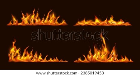 Tongue of flames and fire in line. Vector realistic bursts and blazing, isolated flare and burning sparks. Ignition or combustion effect, bonfire or catastrophe flashes and explosion
