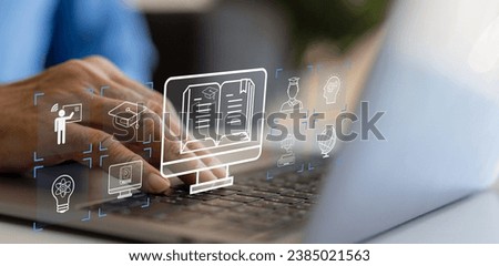 Human use laptop technology internet learning and study online class technology network, e-learning, online education, education, training, tutor, video lesson, course, knowledge in homeschool	 Royalty-Free Stock Photo #2385021563