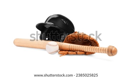 Baseball bat, ball, batting helmet and glove isolated on white