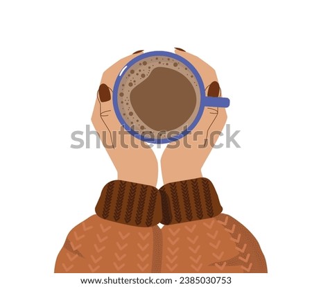 Women's hands hold a cup of coffee. Concept of cozy autumn. A girl in a knitted sweater is holding a cup of cocoa. Vector on white background Royalty-Free Stock Photo #2385030753