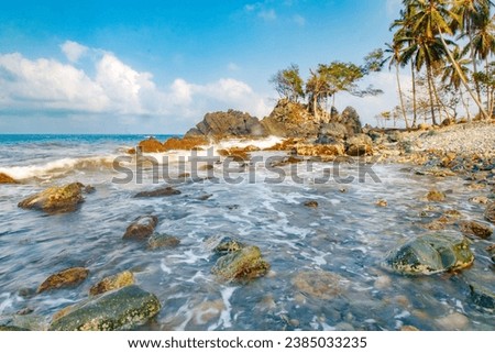 Beautiful view of the beach, with the motion of waves between rocks, coral and a tree in Cukuh Balak, Tanggamus, Lampung