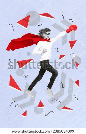 Vertical collage picture of black white colors excited guy superhero cape run fly arm punch boxing glove isolated on painted blue background