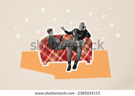 Christmas eve atmosphere collage of grandparents on comfortable couch doing own business before celebration isolated over beige background