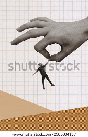 Image collage illustration of miniature funky guy hanging human huge fingers catch him hanging over chasm isolated on paper page background Royalty-Free Stock Photo #2385034157