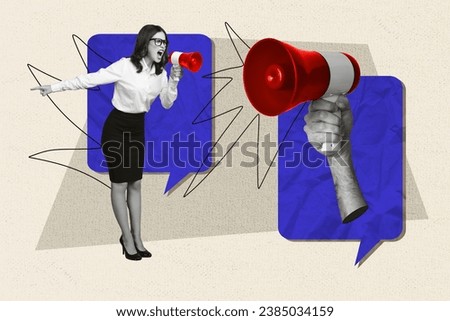 Artwork collage image of arm hold loudspeaker toa mini negative furious girl shout point finger isolated on creative background
