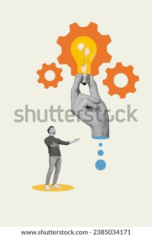 Vertical collage picture of excited mini black white colors guy big arm fingers hold light bulb cogwheel gear mechanism