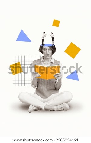 Creative retro 3d magazine collage image of impressed lady reading relationship book isolated white color background