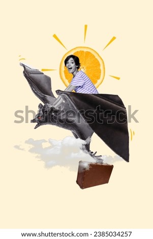 Vertical collage image of excited black white effect girl fly huge bat carry valise orange fruit slice instead head isolated on beige background Royalty-Free Stock Photo #2385034257