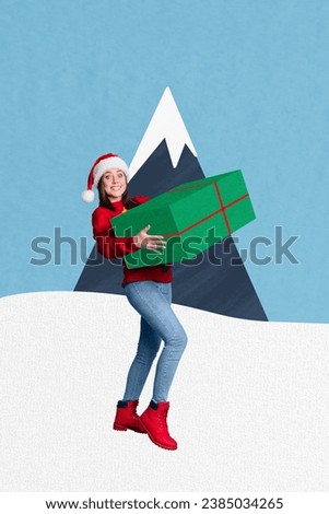 Composite collage picture image of funny female hold big gift box delivery new year x-mas magazine sketch christmas shopping advert