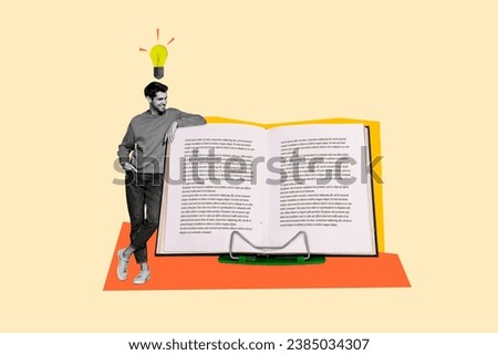 Creative collage picture of mini black white colors guy light bulb above head big opened book holder isolated on beige background