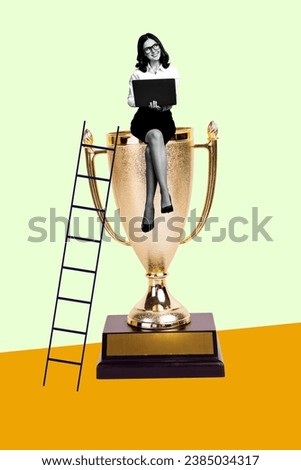 Photo collage artwork minimal picture of successful lady achieving success isolated graphical background