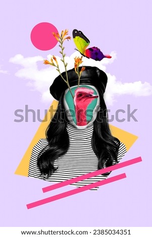 Vertical creative photo collage of faceless female in beret headwear person ostrich mask changing character isolated on pink sky background