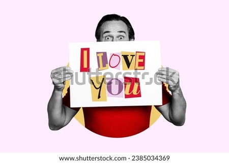 Collage photo picture of mature man holding placard with love confession to his girlfriend happy valentines day isolated on pink background