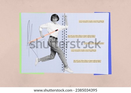 Banner picture collage of happy smiling running girl writing text in copybook isolated on drawing background