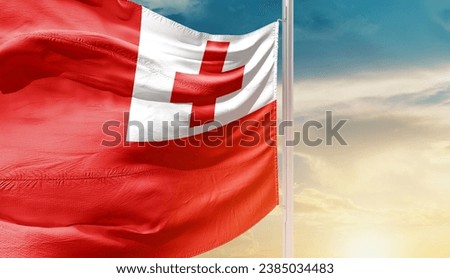 Tonga national flag waving in beautiful sky. The flag waving with dynamic angle.