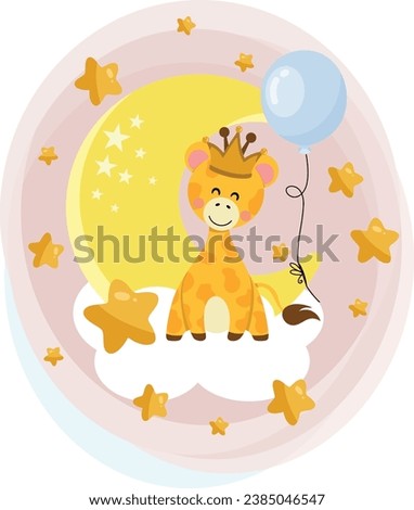 Cute baby illustration with giraffe in the sky
