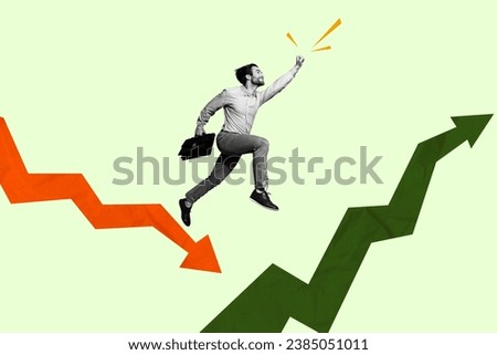 Collage picture of excited black white colors mini guy hold briefcase run jump arrow down up isolated on green background
