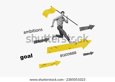 Composite creative collage artwork photo of motivated guy hold yellow flag run to achieve his goals isolated on white color background