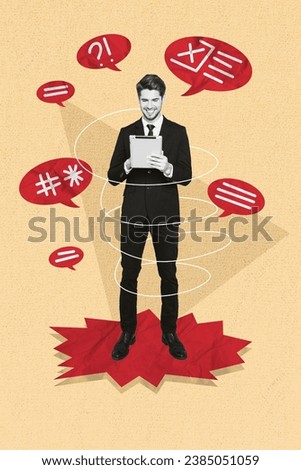 Vertical collage image of black white effect elegant positive guy use tablet dialogue bubble chatting isolated on beige background
