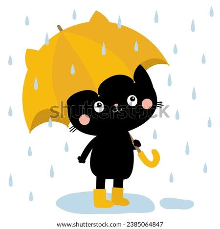 Cute black cat kitty kitten with yellow umbrella ears, boots. Rain drops. Cute cartoon kawaii baby character. Autumn icon for postcard, banner, arts, Flat design. White background. 