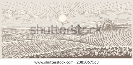Rural, morning landscape with a farm. Illustration in engraving style. Royalty-Free Stock Photo #2385067563