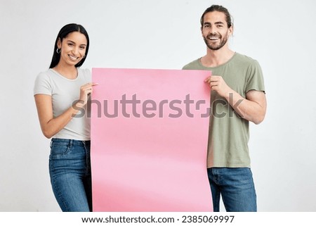 Mock up, banner advertising and young man and woman smile with pink poster for marketing or product placement. Blank space design, sign cardboard and models for branding or logo advertisement
