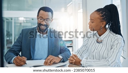 Black people, business and meeting with paperwork in office for planning ideas, project collaboration and consulting for feedback. Man, woman and team in conversation for brainstorming with documents
