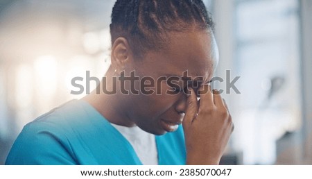 Black woman, nurse and crying, sad and mental health with depression, help and psychology with stress at work. Fatigue, healthcare and burnout with mistake, fail with reaction to news and overwhelmed Royalty-Free Stock Photo #2385070047