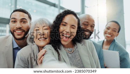 Happy business people, face and office selfie for photography, team building or social media. Group of diverse corporate employees smile together for teamwork, photograph or fun picture at workplace
