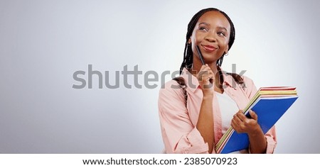Student, woman thinking and education mockup or banner for learning, university or study choice or opportunity in studio. African person with books, ideas and vision for future on a white background