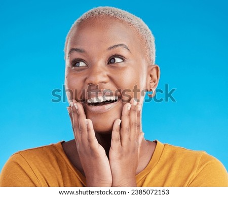 Thinking, smile and black woman with ideas, excited and opportunity on a blue studio background. Surprise, girl and model with problem solving, inspiration and decision with happiness and planning Royalty-Free Stock Photo #2385072153