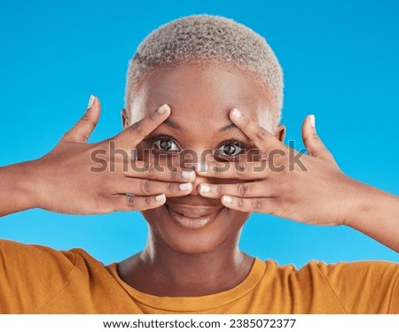 Face, hands and skincare of black woman for beauty in studio isolated on a blue background. Portrait, natural and African model with cosmetics in facial treatment for wellness, aesthetic and health